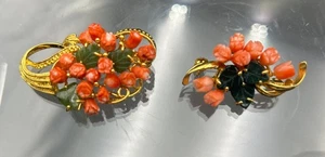 Broches Vintage Tallados Coral Rosa Hoja Jade Tono Dorado - 2 - Imagen 1 de 11