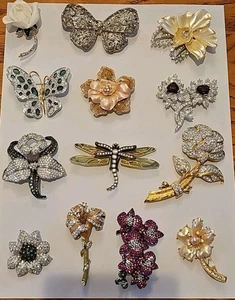 13pc Floral/Figural Jewelry Pin Brooch Lot KJL & NM AUCTION 4 REPAIR 1 - Picture 1 of 23