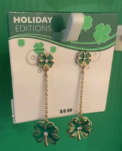 St. Patrick's Day Dangling Green Lucky Clovers 2.5” Earrings.  NEW - Picture 1 of 4