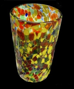 Mexican Confetti Glass Vase Hand Blown Blue Orange Yellow Red Art - Picture 1 of 4