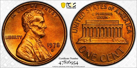 1978-D 1C RD LINCOLN MEMORIAL CENT PENNY PCGS MS63RD with Gold Shield & TrueView Cover