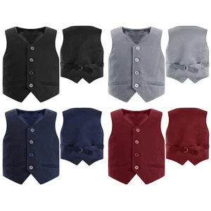 Kid Boys Gentleman Vest V Neck Back Strap Waistcoat Button Down Formal Suit Vest - Picture 1 of 44