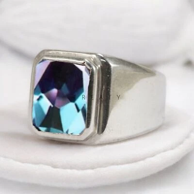 Piedras preciosas de alejandrita talla esmeralda con anillo de plata de ley 925 para hombre #589 Foto 1 de 4