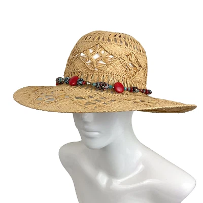 Vintage 100% straw sun hat womens M/L handmade beaded hat band OOAK - Image 1 of 4
