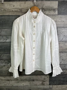 Camicia blusa Monsoon donna rosa arricciata taglia UK 12 bianca pieghe manica lunga cotone - Foto 1 di 9