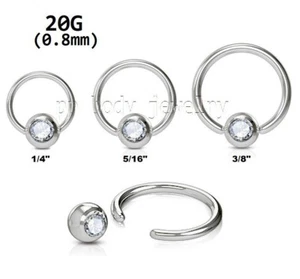 PAIR  20G  Steel Clear Gem Ball Captive Bead Ring Nose Ring Ear Cartilage Tragus - Picture 1 of 2