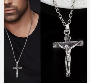 Masculine CROSS JESUS Large Pendant on 925 Sterling Silver 20" Necklace Men Gift - Picture 1 of 7