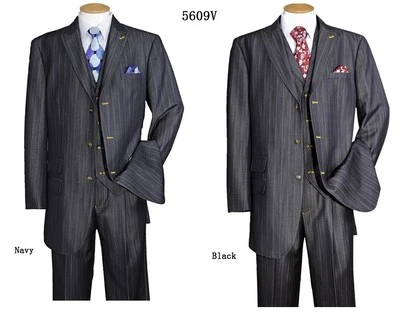 Men's Luxurious Denim Look WoolFeel 3 Buttons Suit w/Pants+Vest Black/Navy 5609V - Image 1 of 4