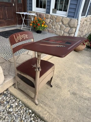 Vintage Metal & Wood Chair Desk School House Table Retro painted welcome decor - Image 1 of 4
