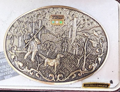 Vintage O.C. Tanner Brass Hunting Belt Buckle w solid 10 Gold TRW Service Emblem - Image 1 of 4