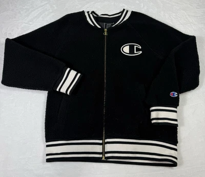 Champion Varsity Sherpa Jacket Women’s Size Medium Black Soft Coat Embroidered - Image 1 of 4