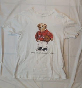 Polo Ralph Lauren Boys T-Shirt White Polo Bear Basketball Medium Crew Neck - Picture 1 of 5