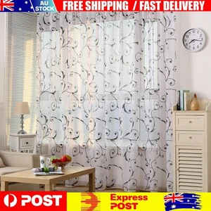 Transparent Voile Floral Print Curtains Bedroom Window Door Curtain (Black) - Picture 1 of 8