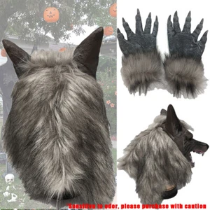 Adults Werewolf Wolf Grey Fairytale Halloween Mask Claws Gloves Costume Kit UK - Picture 1 of 24
