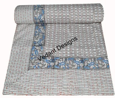 Manta reversible Kantha de algodón tamaño queen con estampado de tiro sábana sari  Foto 1 de 4