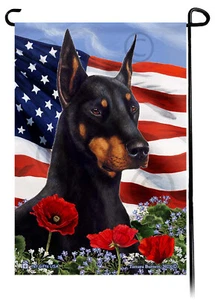 Patriotic Flowers Garden Flag - Cropped Black and Tan Doberman Pinscher - Imagen 1 de 1