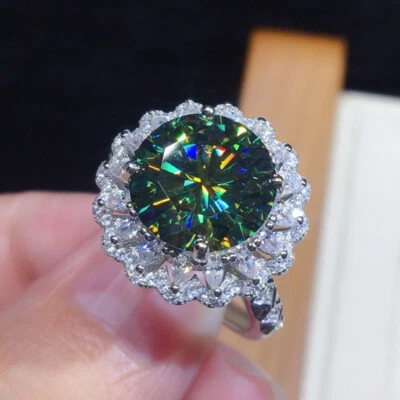 New 10mm Round Green Moissanite Mix Topaz Gemstone Charm Women Silver Rings - Image 1 of 4