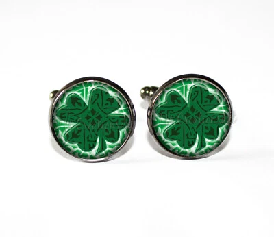Four Leaf Celtic Clover Irish Luck Handmade Round Glass Tile Cufflinks - Image 1 of 3