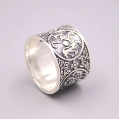 Pure S999 Fine Silver 999 Band Men Women 14mm Dragon Phoenix Ring Us Size :8 - Image 1 of 4
