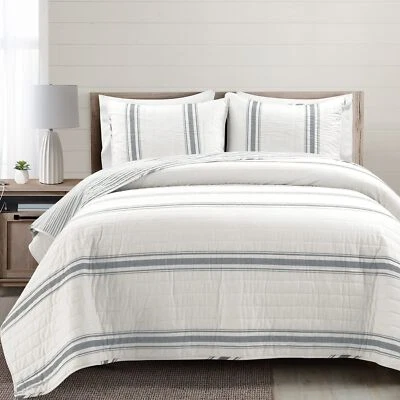 Farmhouse Stripe Reversible Cotton Quilt Set 3 Piece Set King Dark Gray - Coz... - Image 1 of 4