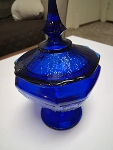 Vtg Anchor Hocking Princess Pattern Cobalt Blue Glass Candy Jar W/lid Footed MCM - Picture 1 of 7