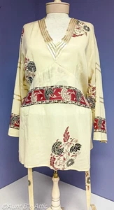 Top Boho donna vintage Millenium avorio/nero/rosso viscosa/cotone casual semi trasparente 1X - Foto 1 di 8