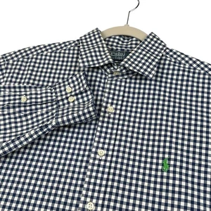 Camisa Polo Ralph Lauren Para Hombres XL 17 34/35 Azul Cuadros Guinga Botones Ajuste Personalizado - Imagen 1 de 12