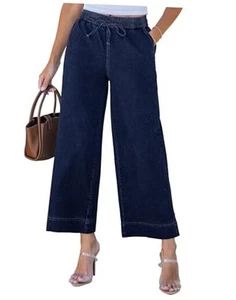 Wide Leg Jeans for Women High Waisted Cropped Pull On Jeans Elastic Wasit - Picture 1 of 8