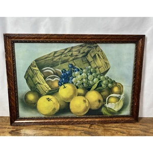 Antigua Litografía Bodegón Fruta Uvas en Cesta 11x16 Marco de Madera con Vidrio - Imagen 1 de 8