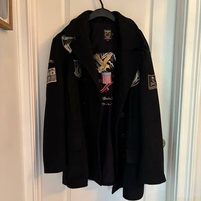 Chaqueta Abrigo Schott Lana Negra Militar Bandera de EE. UU. RARA 2XL USADA EN EXCELENTE ESTADO Foto 1 de 4