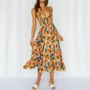 Women Floral Midi Boho Dress Colorful Print Casual Summer Beach Dress Size S - Picture 1 of 7