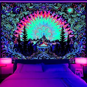 Blacklight Sun Tapestry UV Reactive Mandala Tapestries Neon Mountain Forest Tape - Picture 1 of 8
