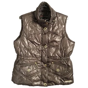 Weather Tamer Womens Puffer Vest Brown Size XL Gold Snap Buttons Fleece Lined - Picture 1 of 9