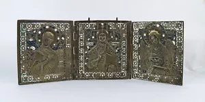 Antique Russian Triptych Traveling Icon Brass Enamel 19th century - Picture 1 of 8