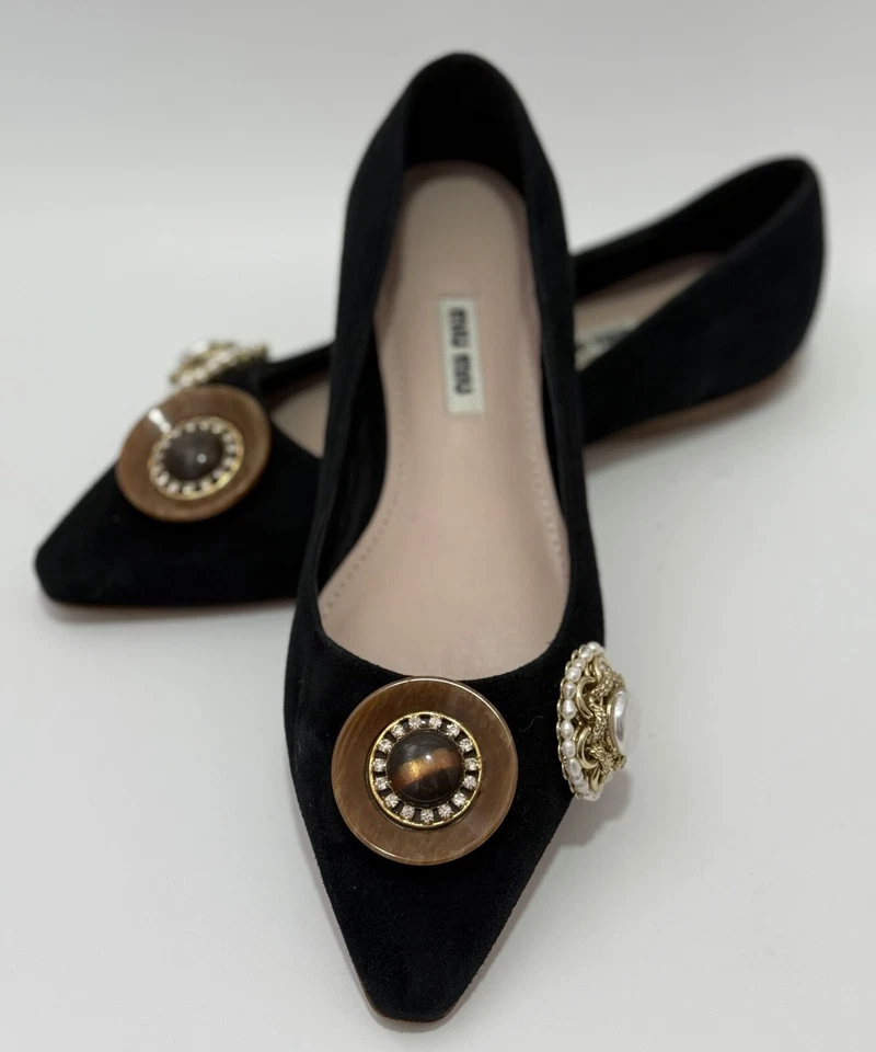 Pisos de ballet MIU MIU negros adornados de gamuza talla 36 / EE. UU. 6 / REINO UNIDO 3 Foto 1 de 4