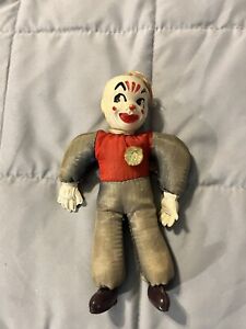 Vintage Celluloid Clown Doll  8” With Hanging String Japan Red Lips White Face