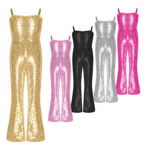 Mädchen Glitzer Voll Pailletten Lang Overall Ärmellos Party Strampler Playsuit Turnanzug - Bild 1 von 59