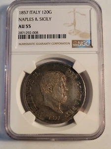 1857 NAPLES & SICILY 120 GRANA NGC AU55 - BEAUTIFUL TONING & LUSTER! - Picture 1 of 4