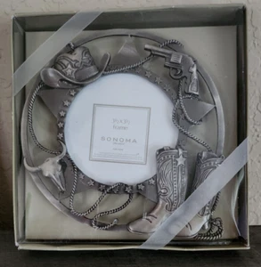 SONOMA Table Top Circular PICTURE FRAME Pewter WESTERN 3.5 X 3.5" NEW - Picture 1 of 3