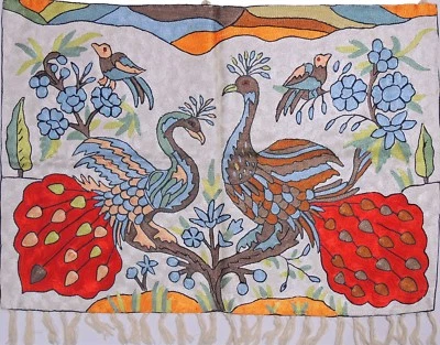 Ivory Peacock Pair Wall Decoration Rug Carpet Tapestry Crewel Embroidery 36"x24" - Image 1 of 4