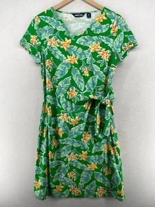 LANDS END Dress M 10-12 Stretch Jersey Tropical Floral Faux Side Wrap Green NEW - Picture 1 of 13