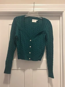 Lush Cable Knit Green Button Front Cropped Cardigan Sweater Size Small Holiday - Picture 1 of 6