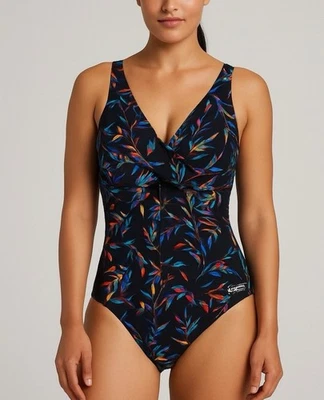 Speedo One Piece Swimsuit Size S Black Multicolor Tropical Leaf Print V-Neck - Image 1 of 4