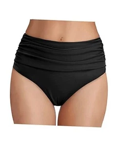 Women's High Waisted Bikini Bottom Tummy Control Ruched Bathing Large Black - Picture 1 of 6