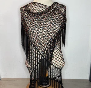 Vintage Chico’s Y2K Beaded Black Mesh Fringe Shawl Boho Festival Net Wrap OS - Picture 1 of 9