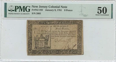 1781 January 9 9 Pence New Jersey Colonial Note  NJ-193 PMG 50 - Image 1 of 2