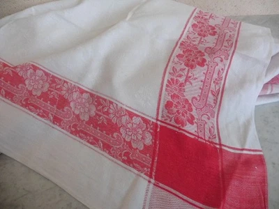 ANCIENNE NAPPE NAPOLEON III DAMASSE BLANC LARGE LINTEAUX ROUGE 130X140 CM - Photo 1/4