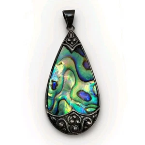 Vintage sterling 925 Abalone Handmade Pendant Teardrop Ornate Floral - Picture 1 of 5