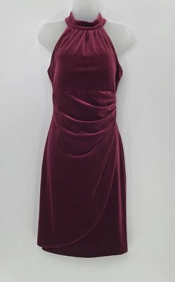 Vince Camuto Burgundy Red Draped Stretch Velvet Ruched High Neck Dress 2 Holiday - Image 1 of 4