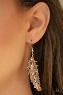 Paparazzi Earring - Fearless Flock Orange Rhinestone Feather - Image 1 of 2